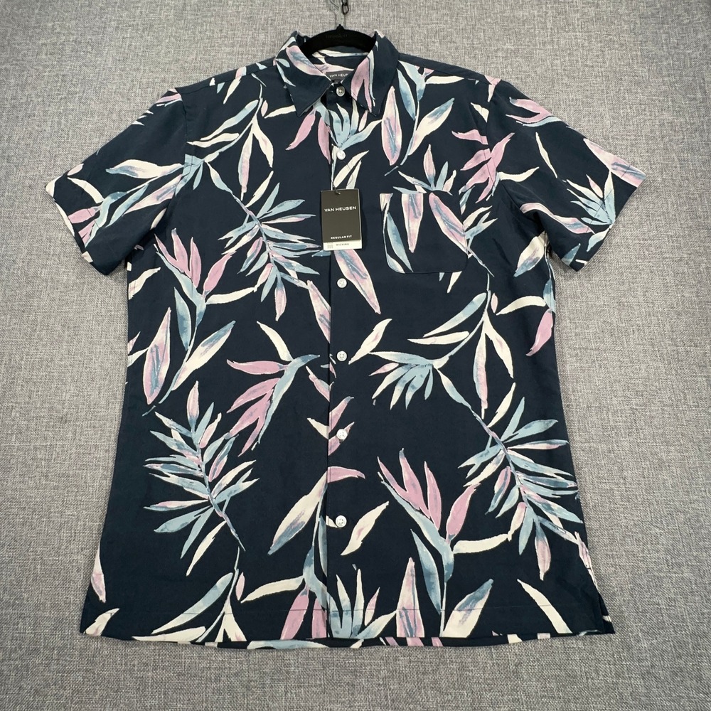 Van Heusen Weekend Camp Shirt Mens M Captains Blue Tropical Leaf Print SS NEW